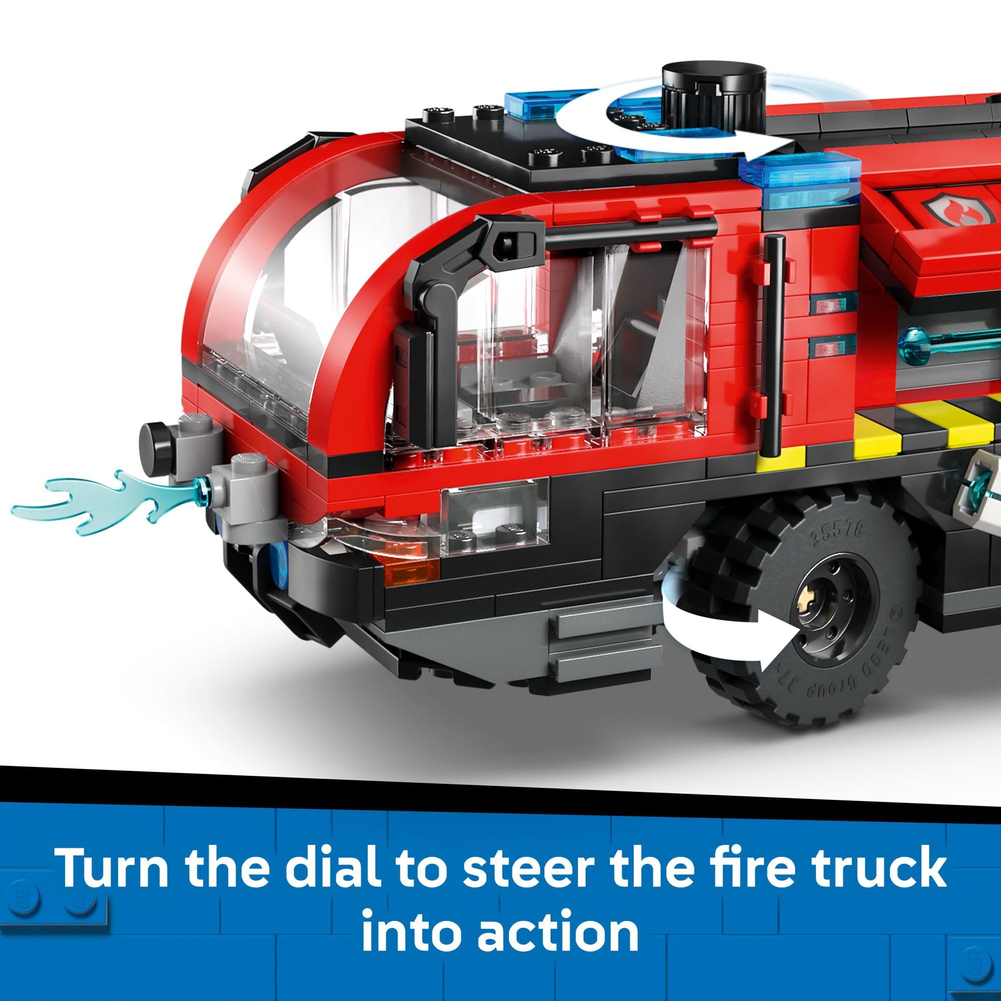 LEGO City Airport Fire Truck removable engine invites hands-on maintenance practice.