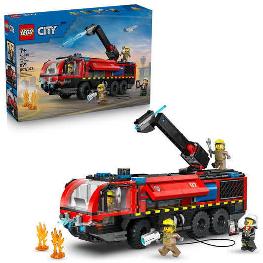 LEGO City Airport Fire Truck rooftop extinguisher enables dramatic pretend rescues.