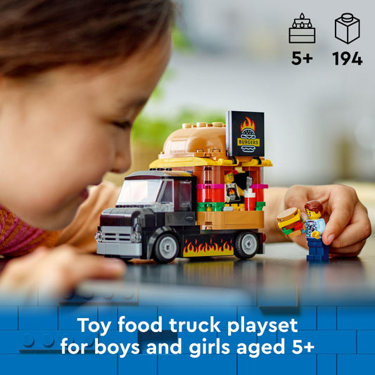 LEGO City Burger Truck prep area with realistic kitchen details inspires pretend cooking.