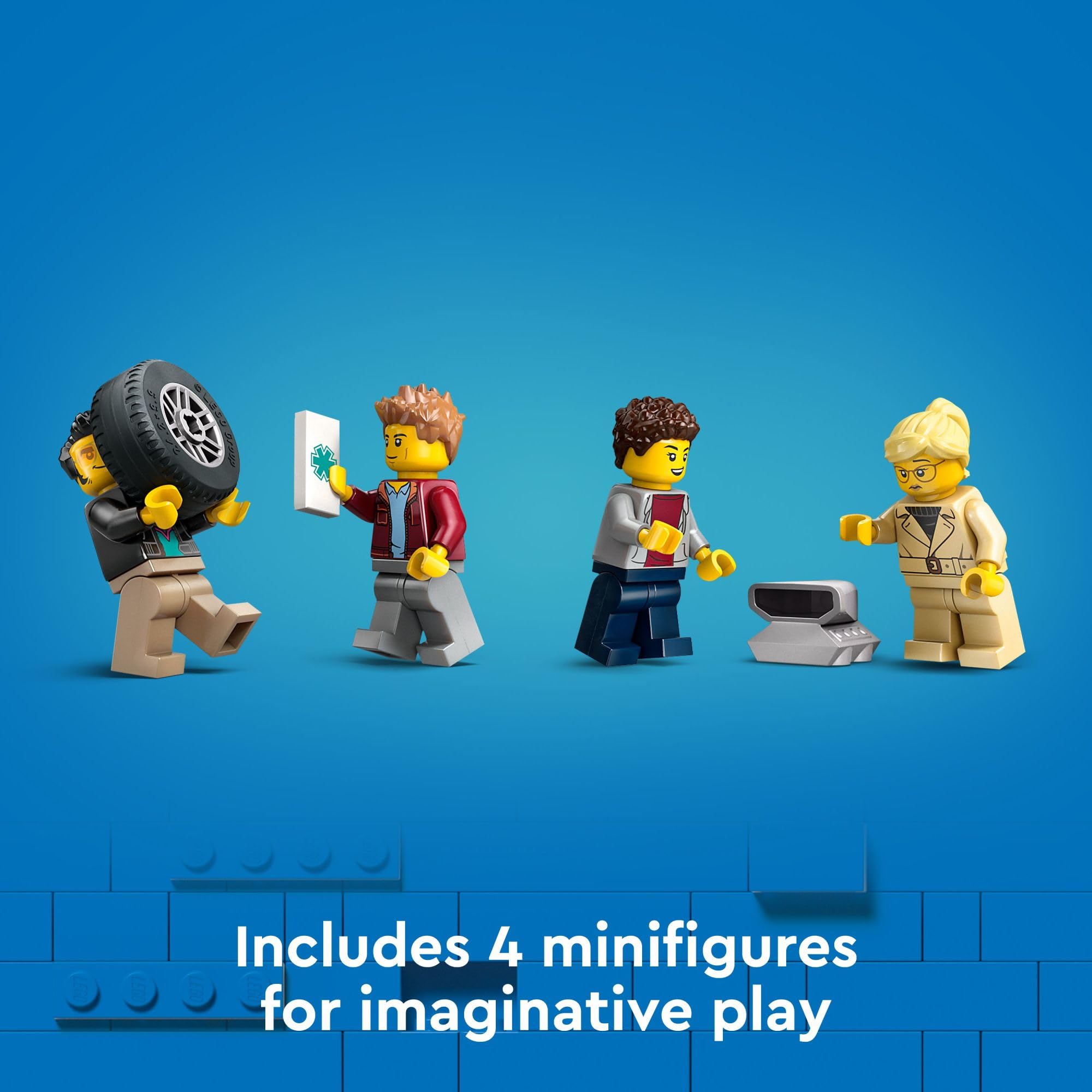 Four LEGO minifigures and accessories included for storytelling