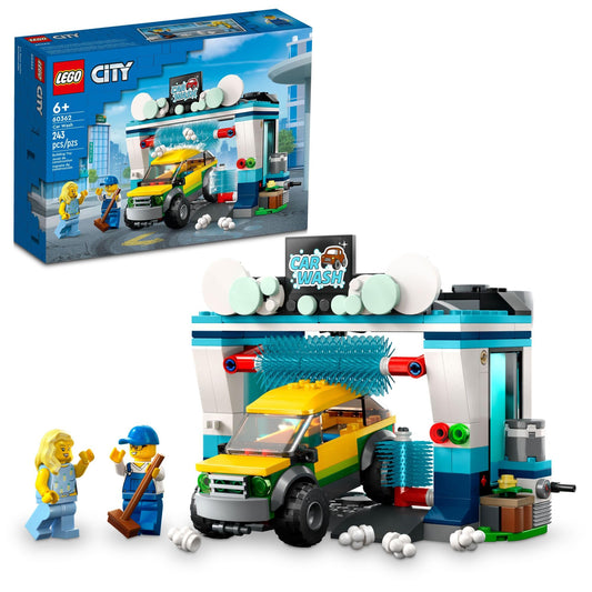 LEGO City Car Wash 60362 front view with car and minifigs for engaging pretend play