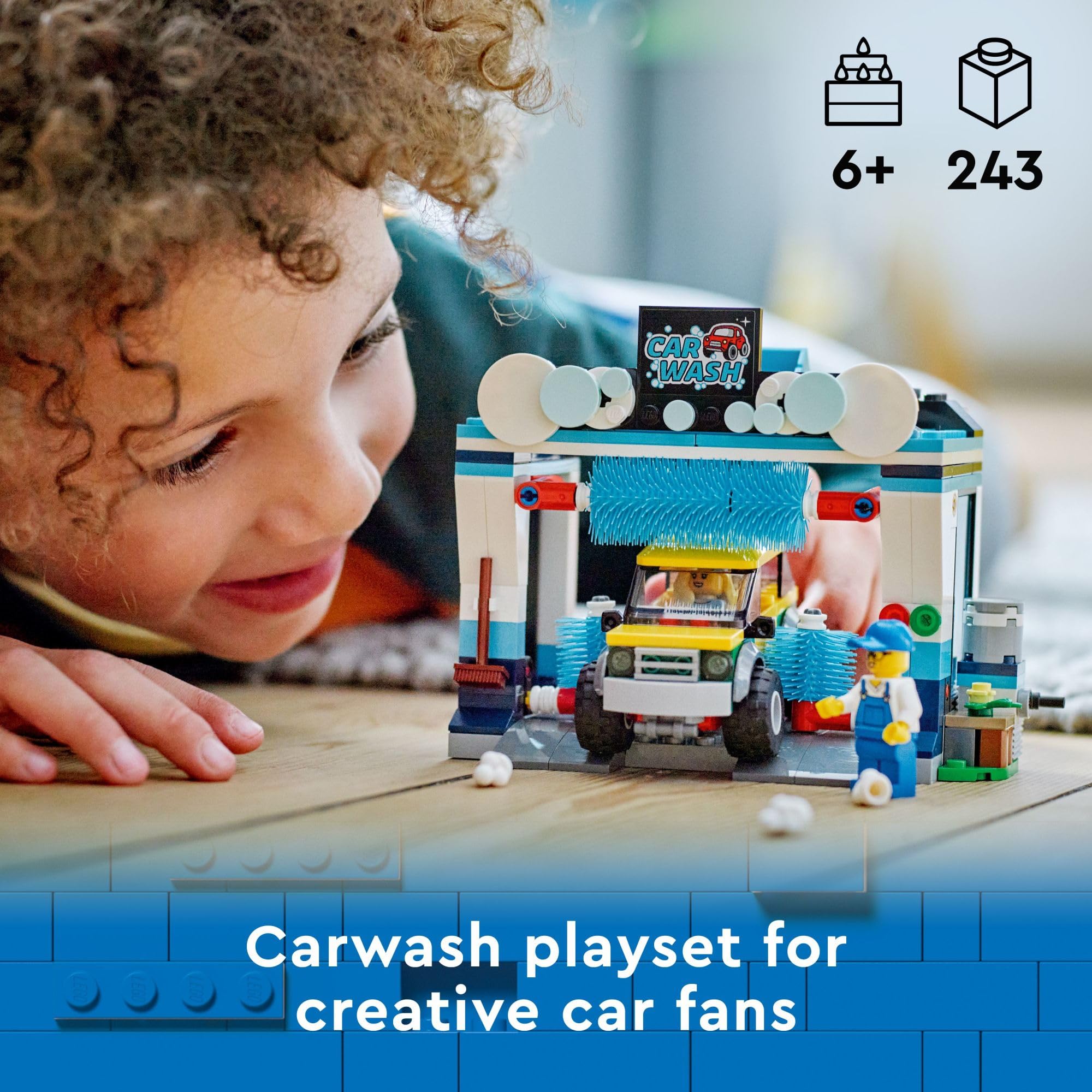 LEGO City Car Wash 60362 side view shows spinning brushes in action for imaginative storytelling