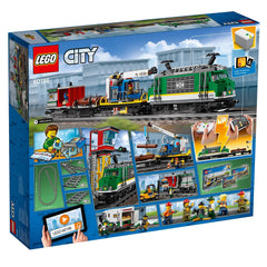 LEGO City Cargo Train pallets, logs, and snow scooter for varied play.