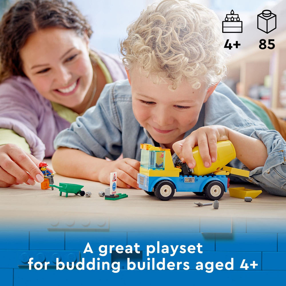 LEGO City Cement Mixer Truck drum spin highlights realistic pouring action for kids.