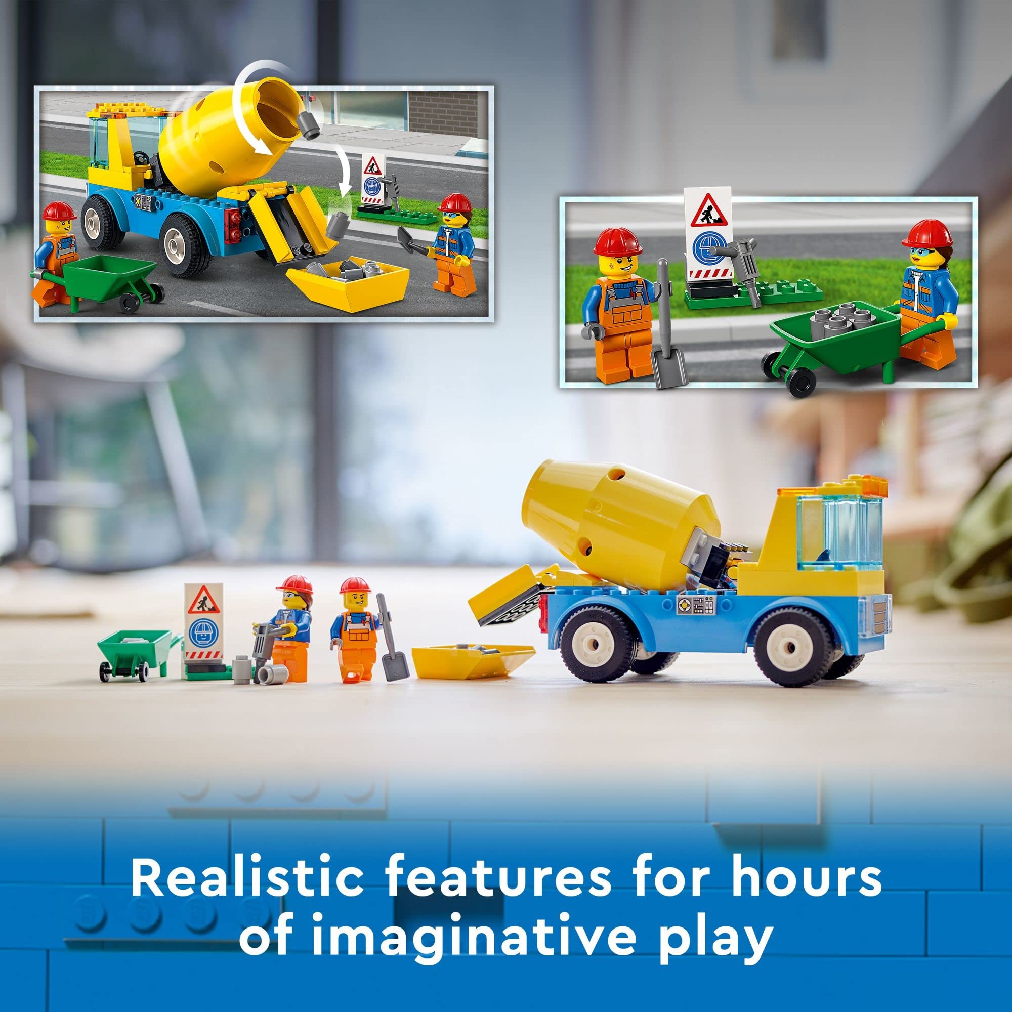 LEGO City Cement Mixer Truck minifigs at site encourage cooperative storytelling.
