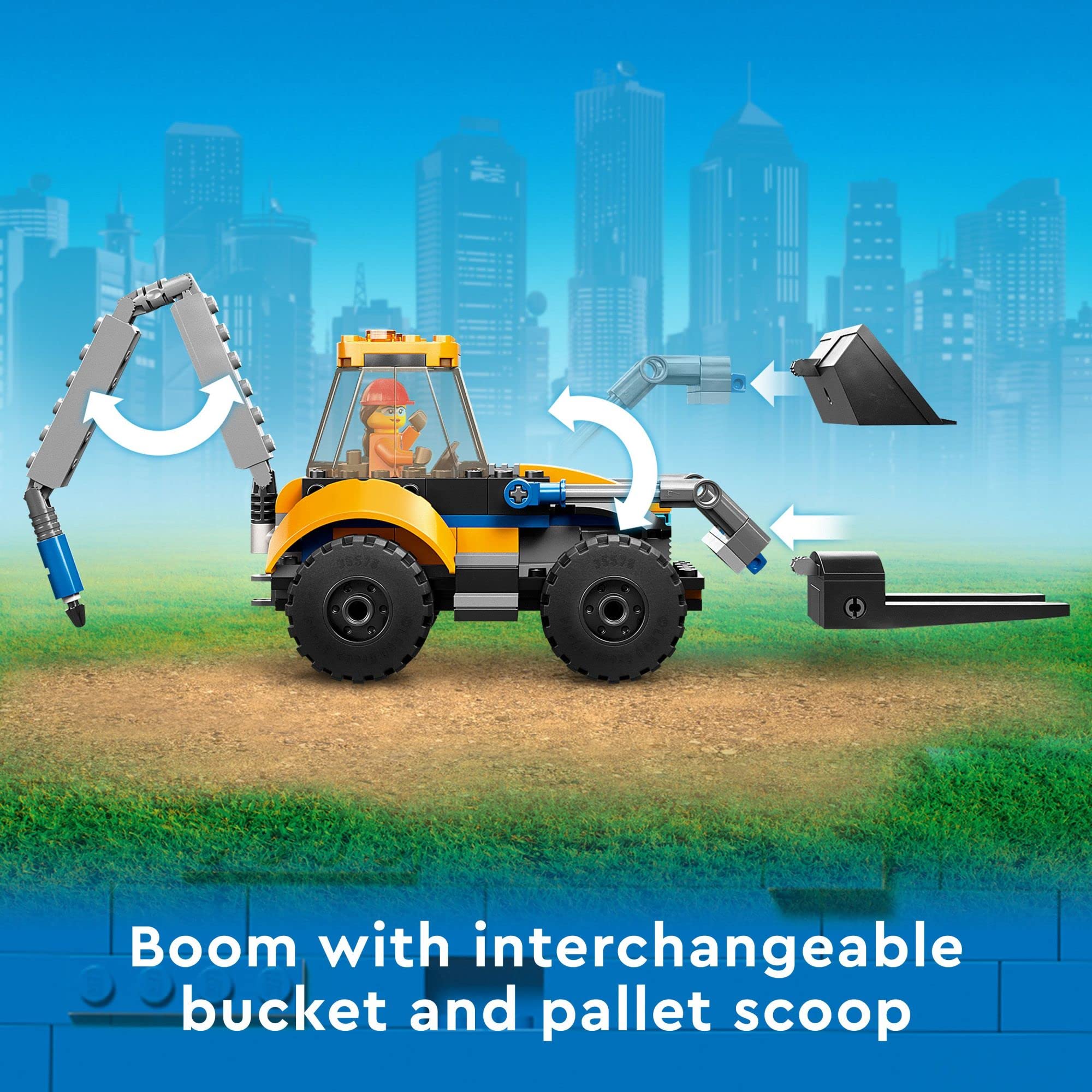 LEGO City Construction Digger bucket attachments demonstrate versatile play options for varied job-site scenes
