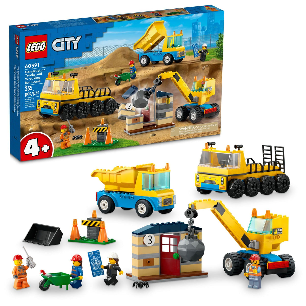 LEGO City wrecking-ball-crane with construction trucks fuels imaginative demolition play and fine-motor skills.
