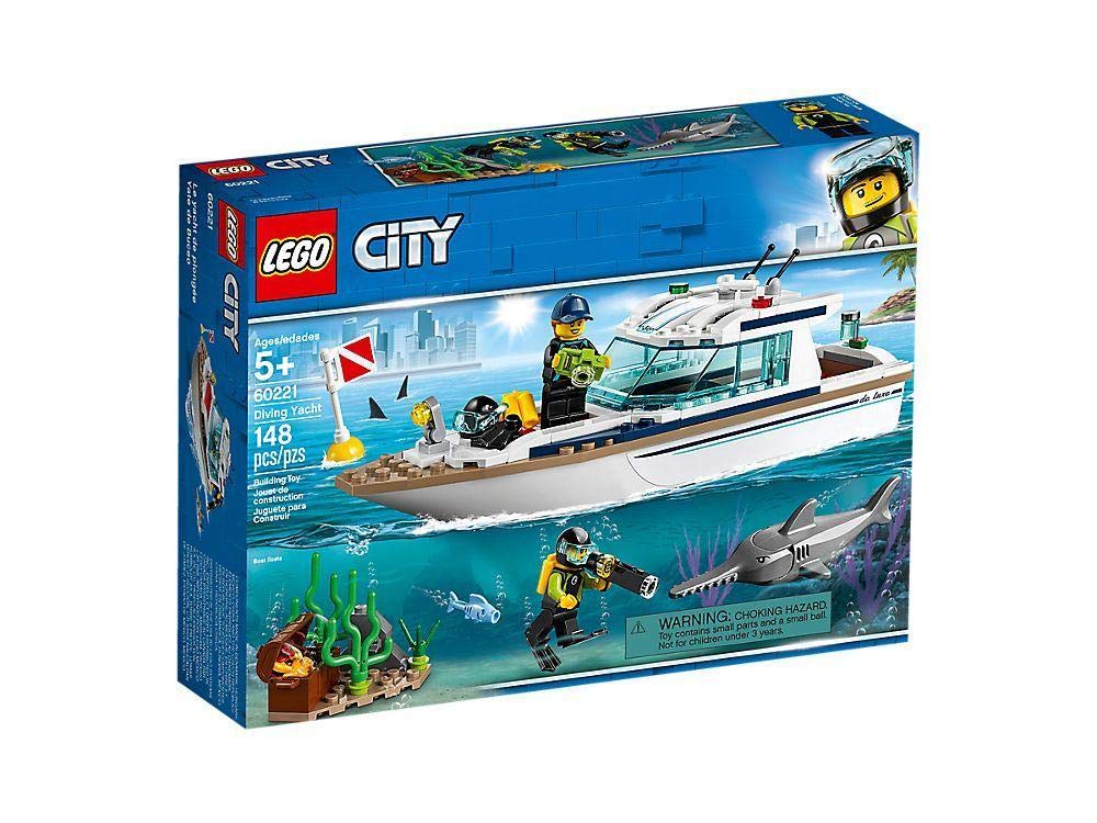 LEGO City Diving Yacht 60221 front view highlights premium build for imaginative play.
