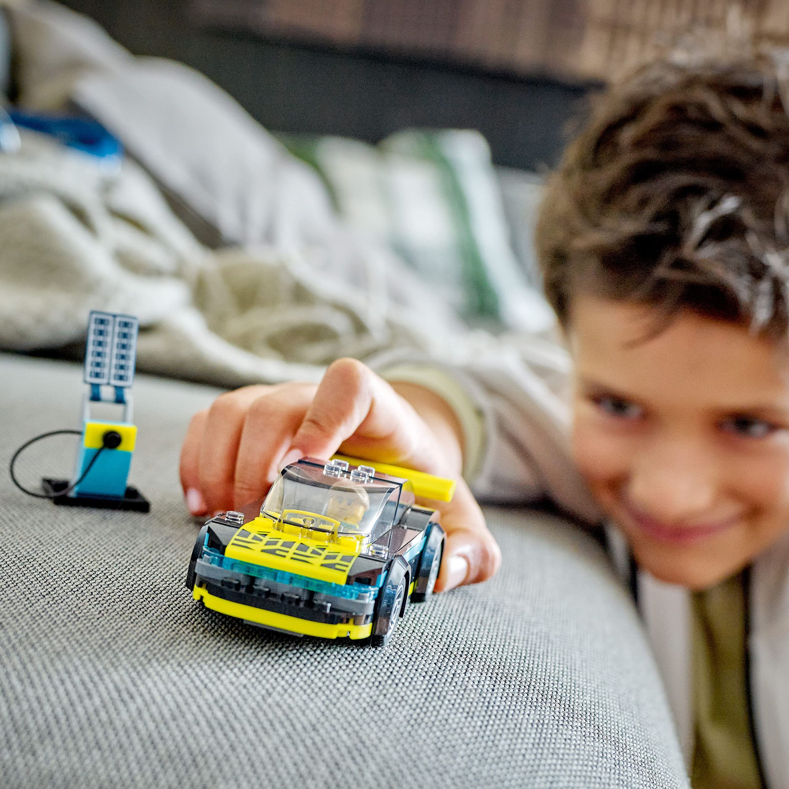 LEGO City Electric Sports Car 60383 complete model on table inspires open-ended building fun.