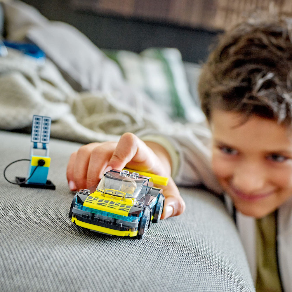 LEGO City Electric Sports Car 60383 complete model on table inspires open-ended building fun.