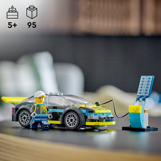 LEGO City Electric Sports Car 60383 neon-yellow accents and sleek wheels for pretend racing.