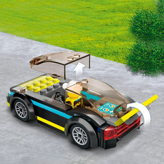 LEGO City Electric Sports Car 60383 rear spoiler highlighting dynamic styling for action play.