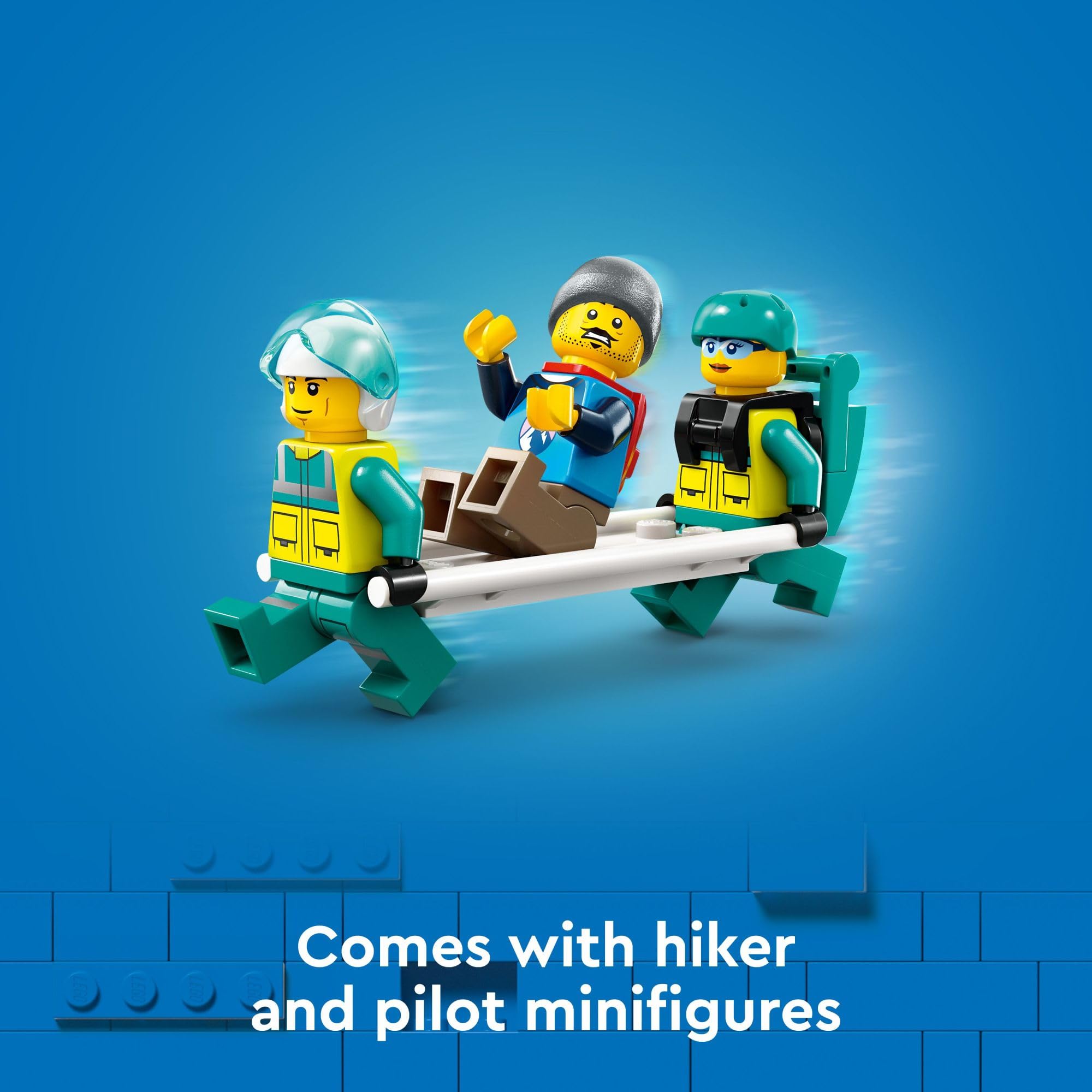 LEGO City minifigs—pilot, hiker, rescuer—for engaging rescue role-play