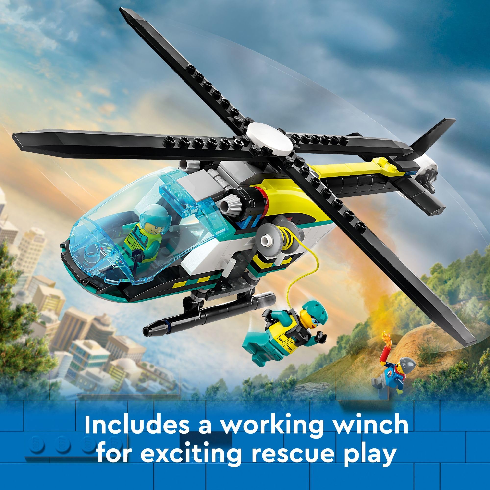 LEGO City Emergency Rescue Helicopter winch provides realistic rescue play