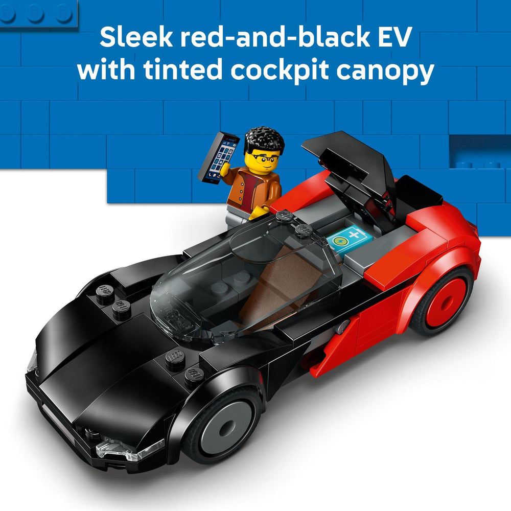 LEGO City EV Supercar rear hatch open for battery pack access.