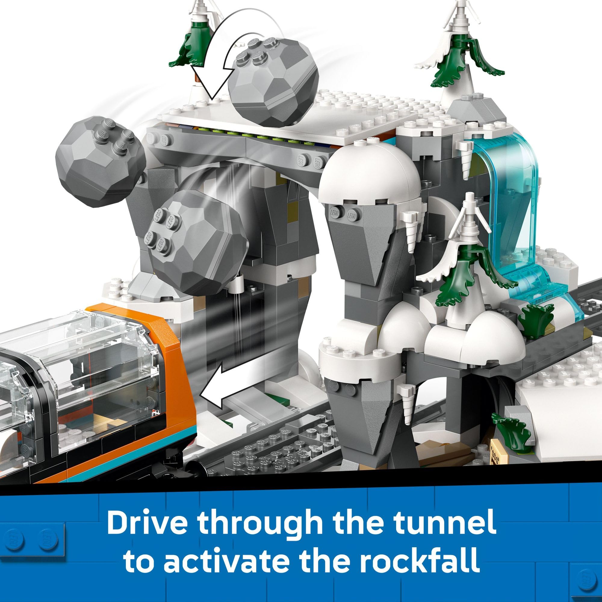 LEGO City Explorers Arctic Polar Express mountain tunnel with rockfall action