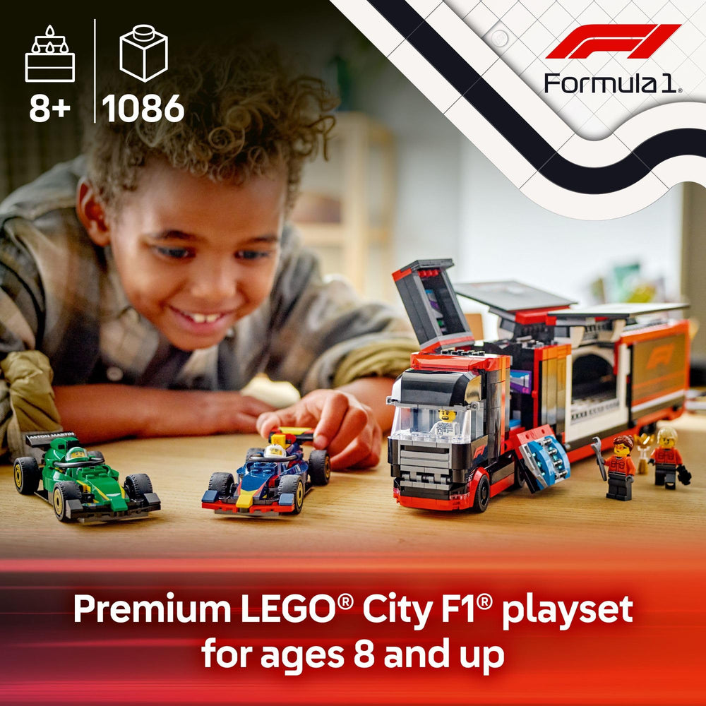 LEGO City F1 trailer-simulator-room showcases a detailed race setup