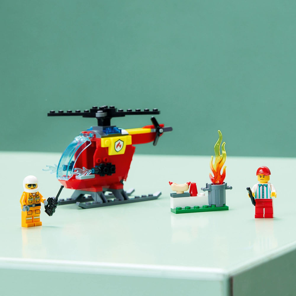 LEGO City Fire Helicopter 60318 firefighter minifigure sparks imaginative scenarios.