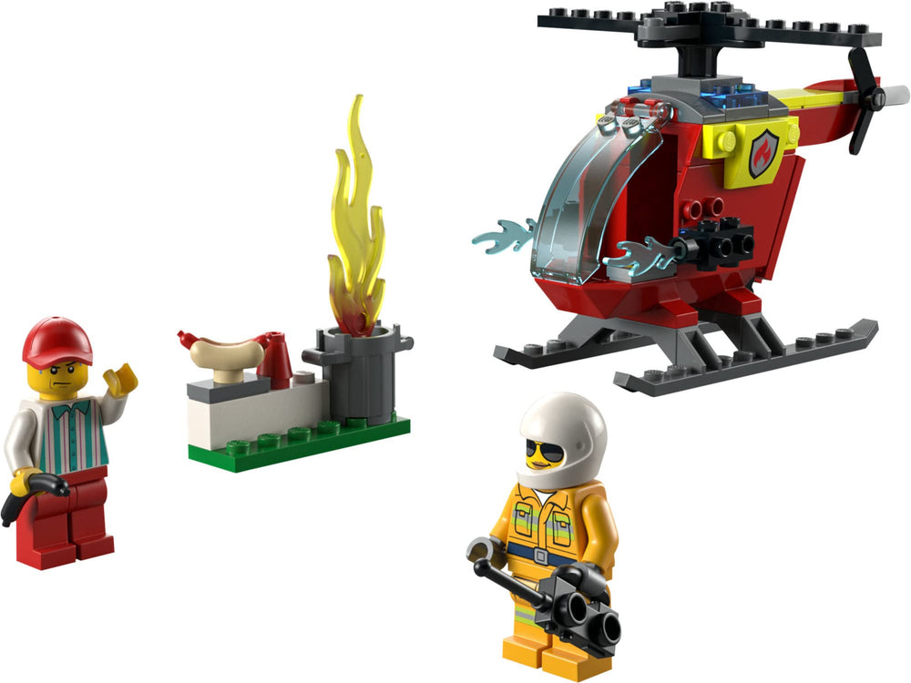 LEGO City Fire Helicopter 60318 trash can with flames fuels dramatic scenes.