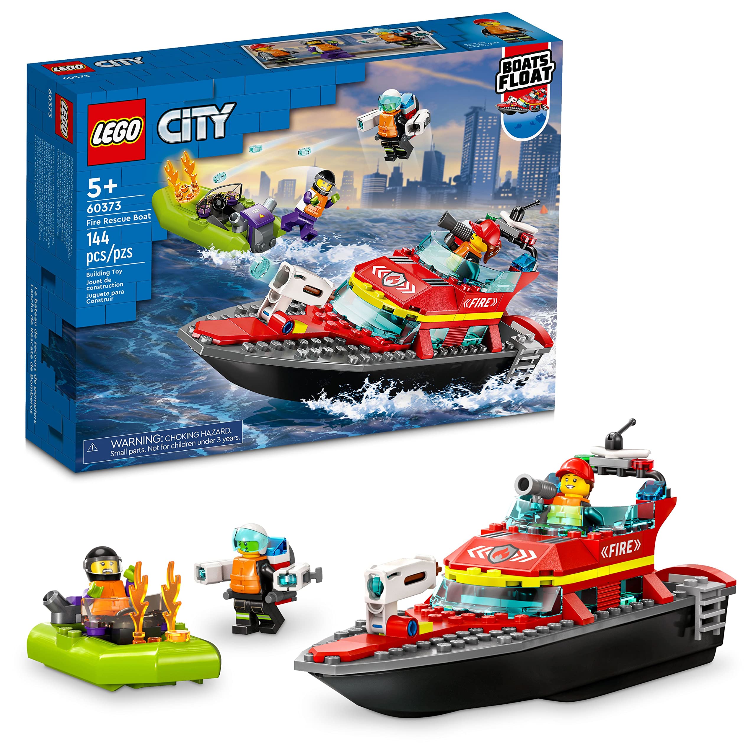 LEGO City Fire Rescue Boat floats on water for engaging rescue play.