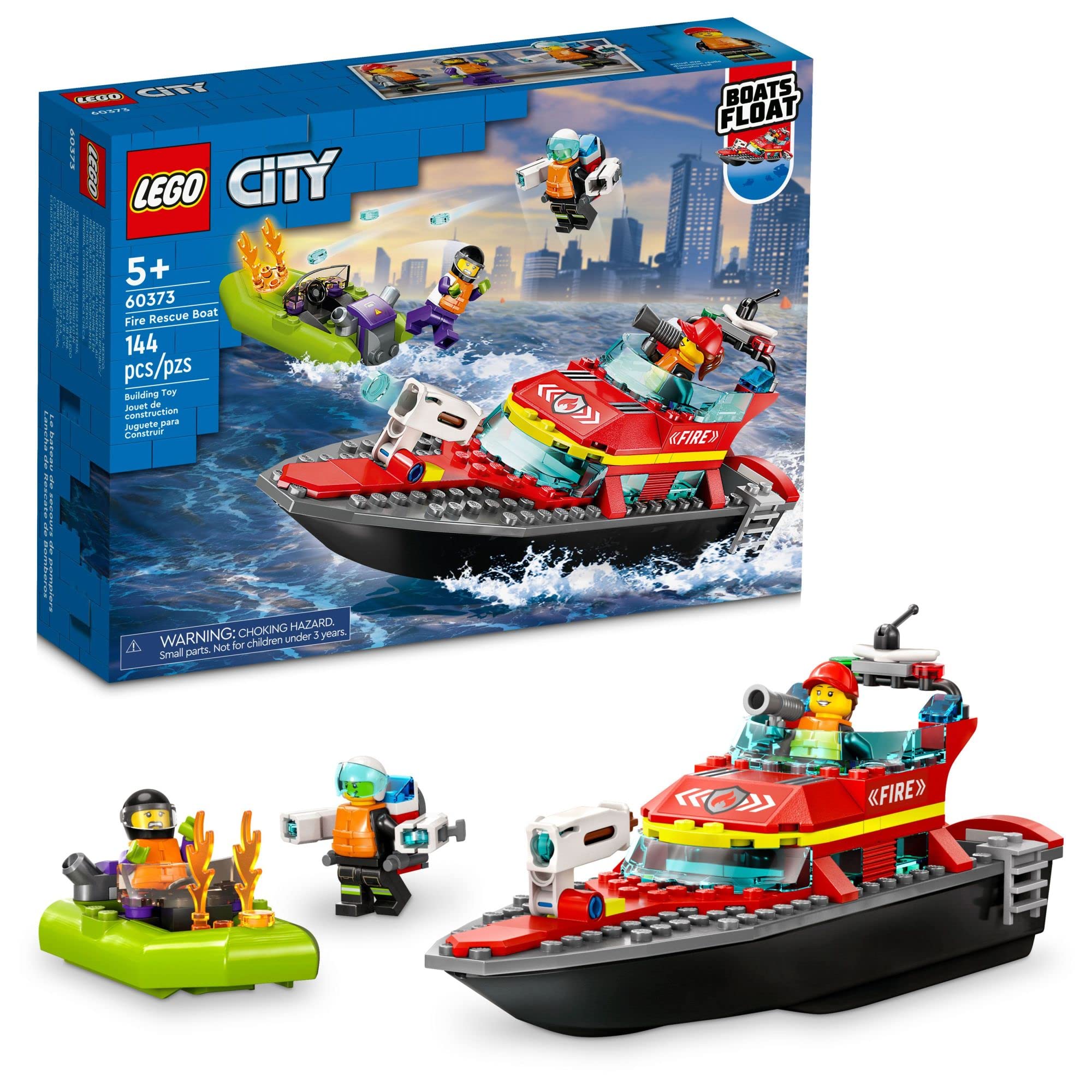 LEGO City Fire Rescue Boat 60373 speedboat on water boosts imaginative play and action