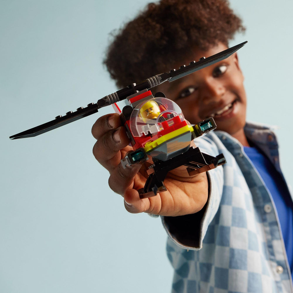 LEGO City Fire Rescue Helicopter cockpit close-up with firefighter minifigure