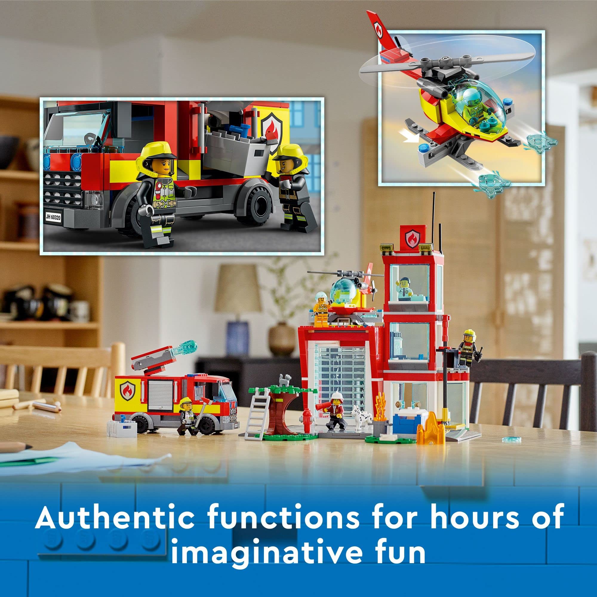Garage and reception area of LEGO City Fire Station 60320 for role-play organization