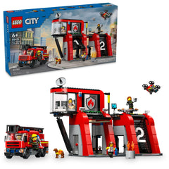 LEGO City Fire Station overview with firefighter minifigures for imaginative play