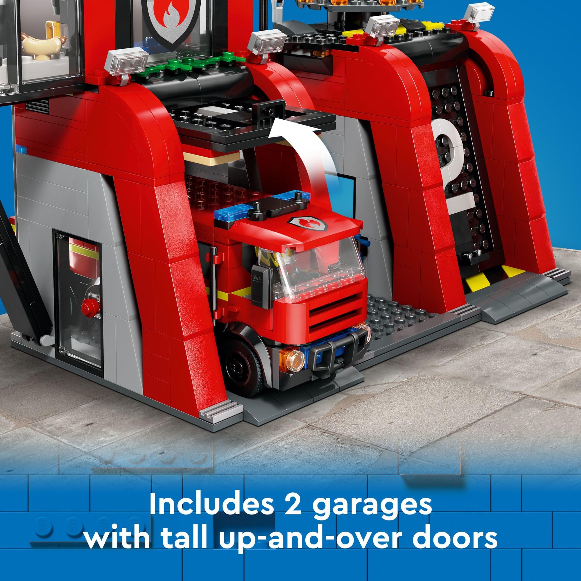 LEGO City Fire Truck modular ladder and extinguisher attachments in action