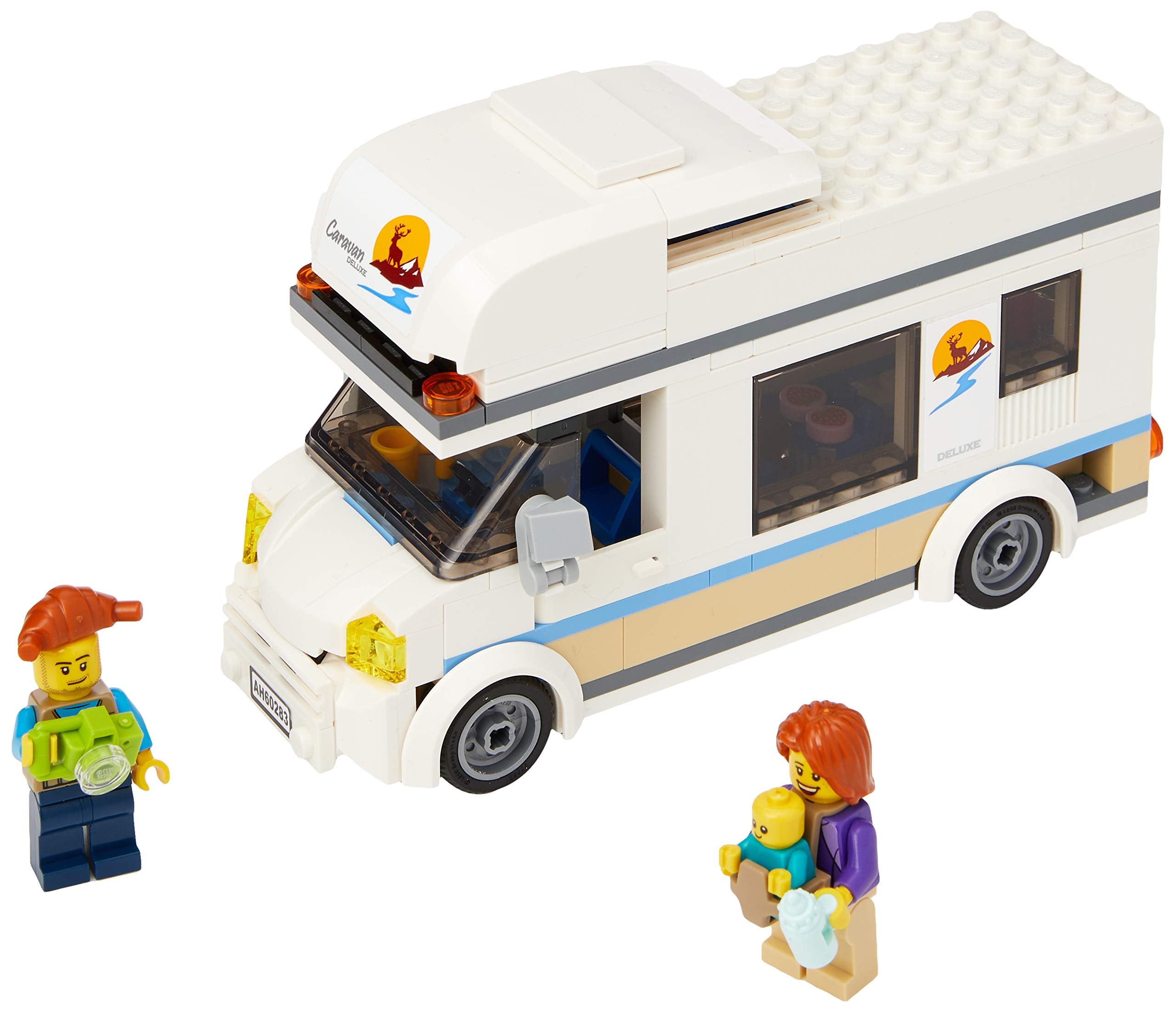 LEGO City Holiday Camper Van with family minifigures supports cozy roadside adventures.