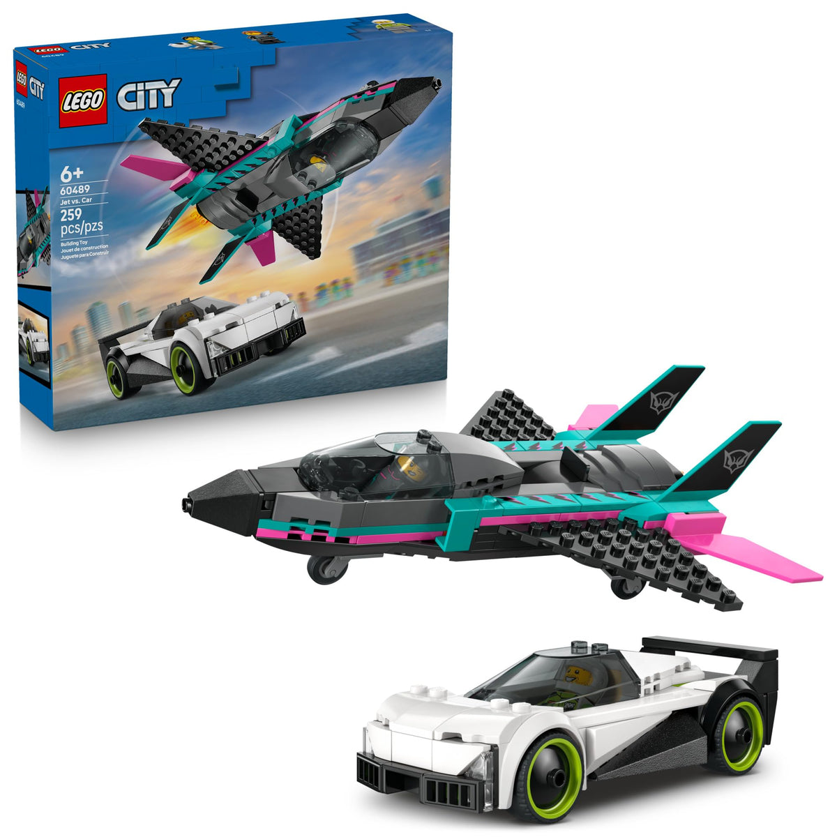 LEGO City Jet vs Car set front view promotes imaginative racing play.