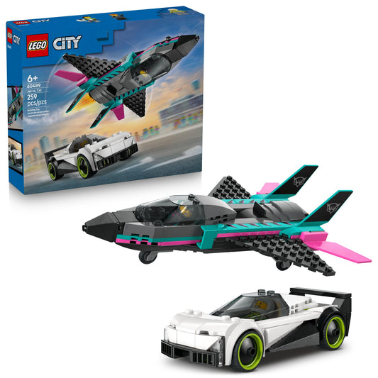 LEGO City Jet vs Car set front view promotes imaginative racing play.