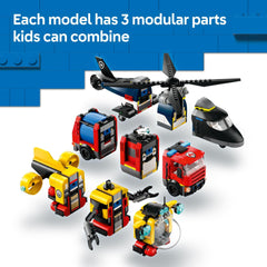 LEGO City minifigs featuring police officer, pilot, and firefighter