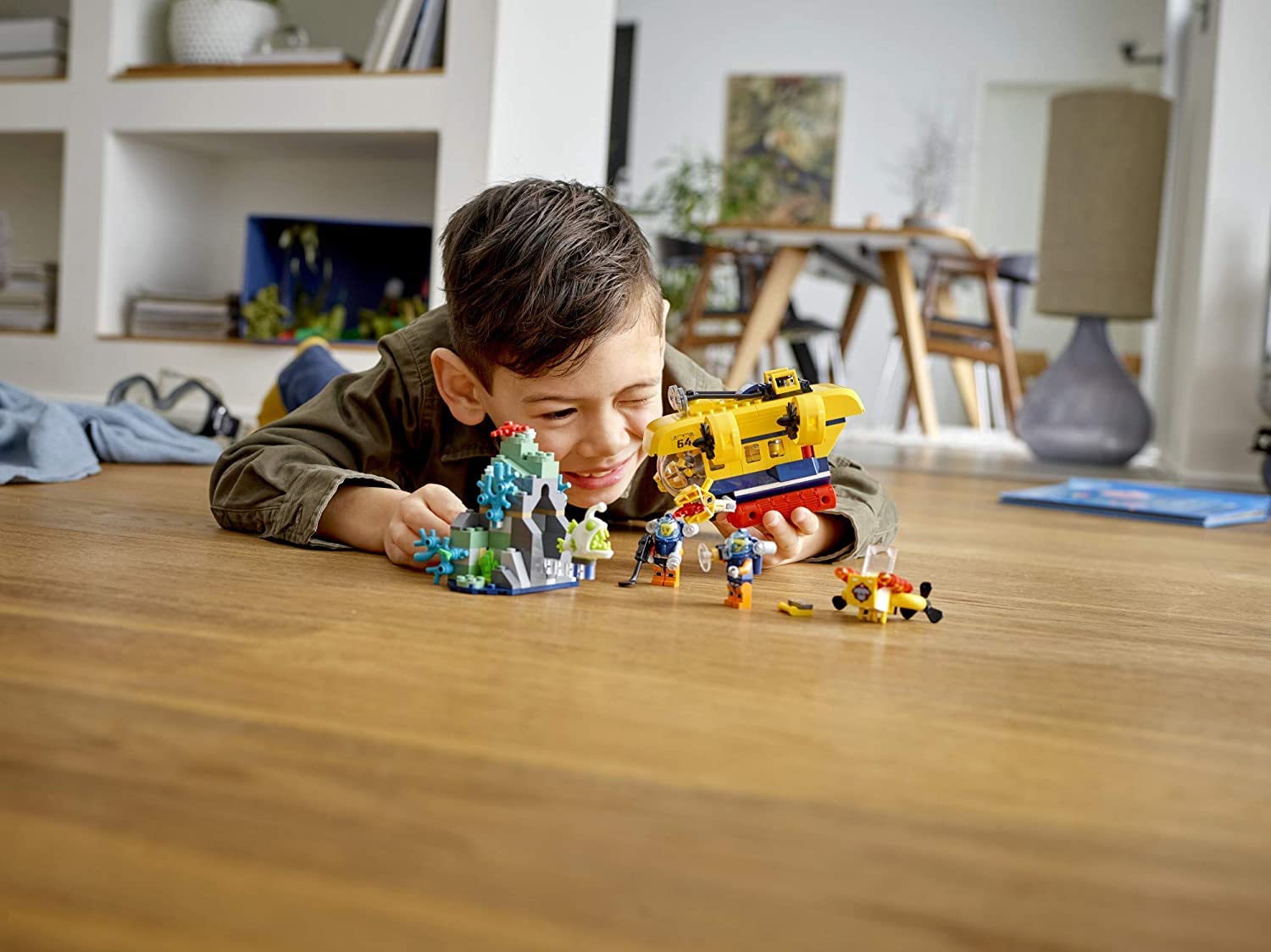 LEGO City Ocean Exploration Submarine features coral reef scenery for vibrant, tactile play.