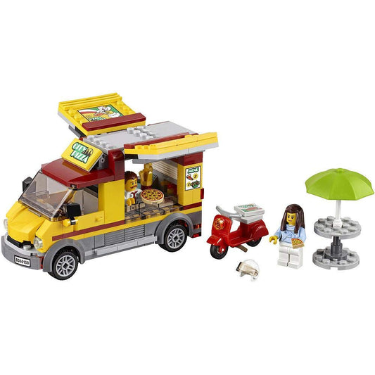 LEGO City Pizza Van 60150 kitchen-area showcases ready-to-serve meals during play.