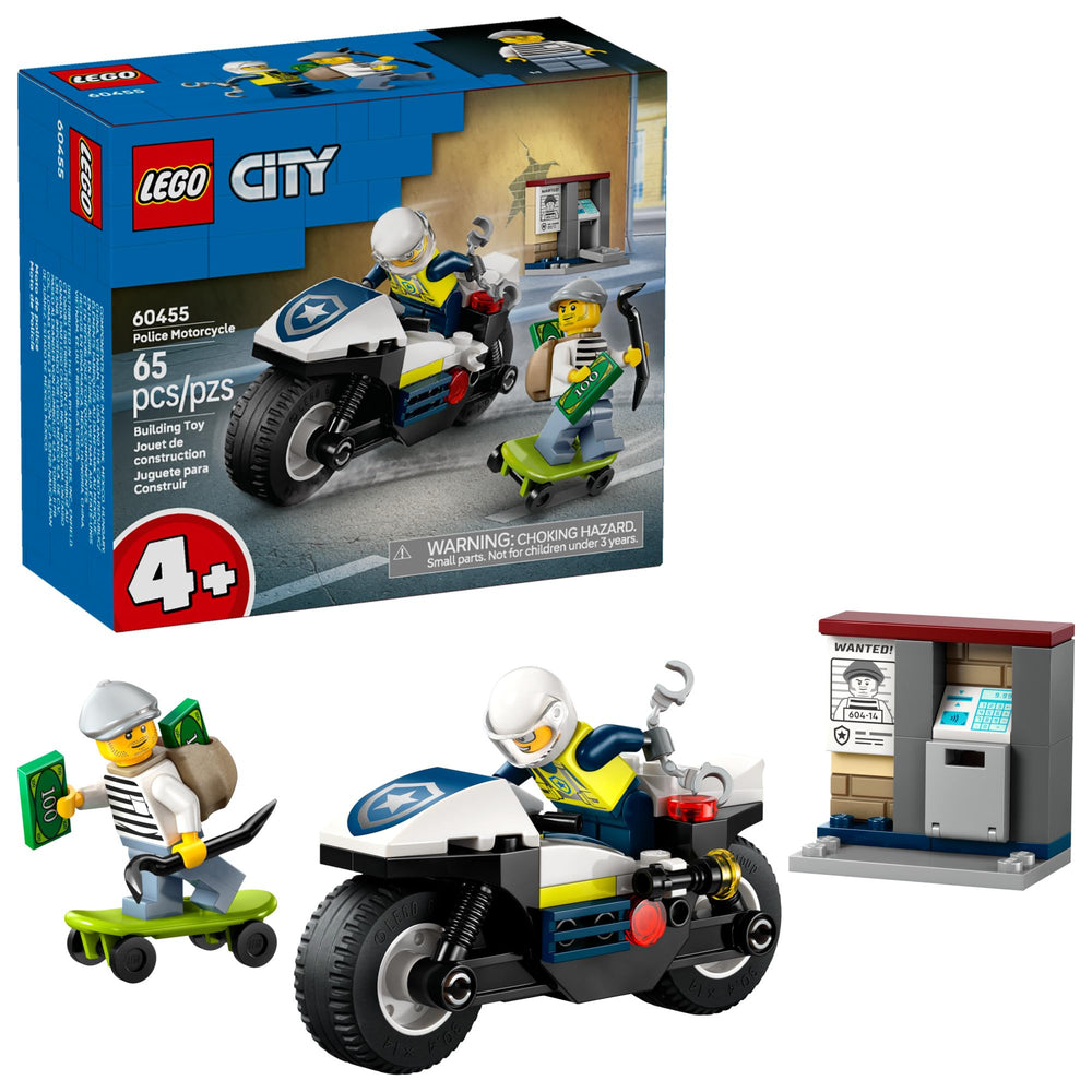 LEGO City Police Motorcycle Chase front view shows action-ready play for kids 4+