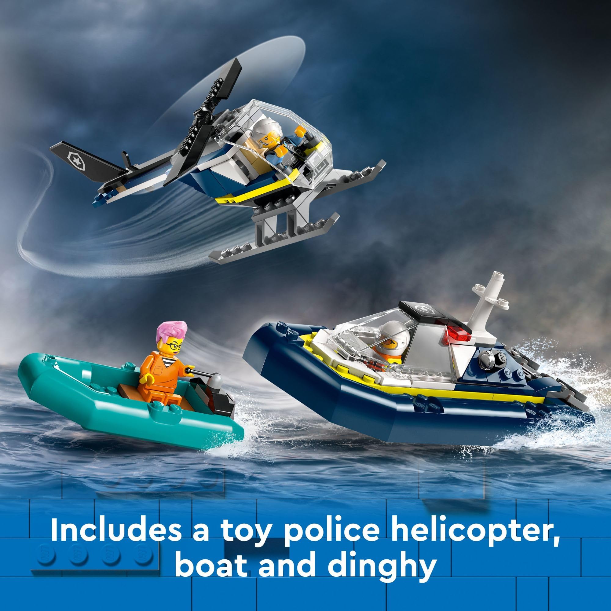 LEGO City Police Prison Island boat and helicopter enhance dynamic rescue and pursuit scenes.