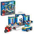 LEGO City Police Station Chase 60370 front view with barrier and jail area.