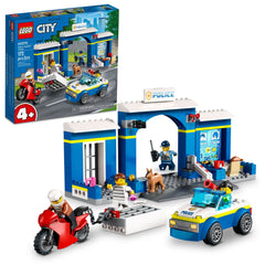 LEGO City Police Station Chase 60370 front view with barrier and jail area.