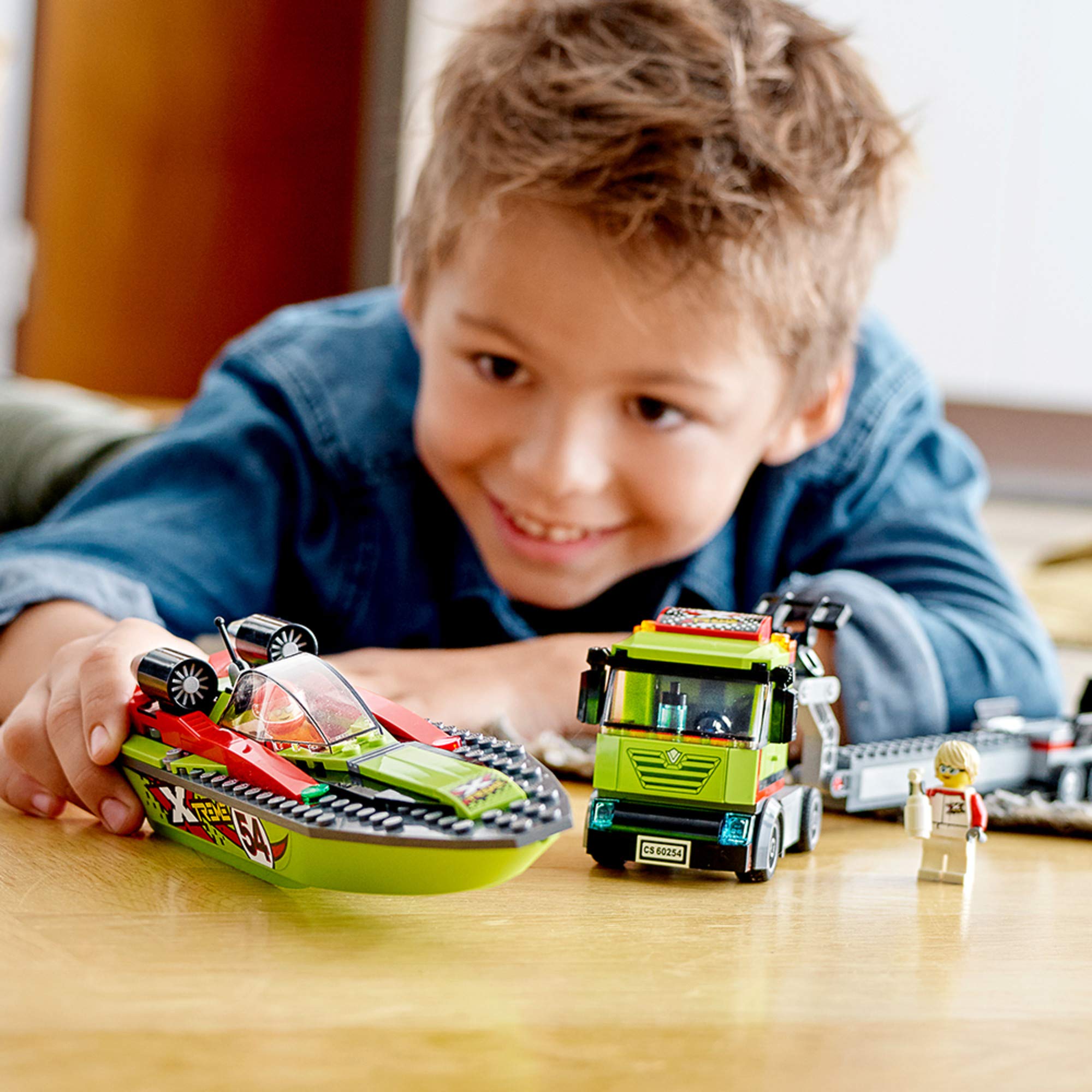 LEGO City Race Boat Transporter floating speed boat ready for water adventures.