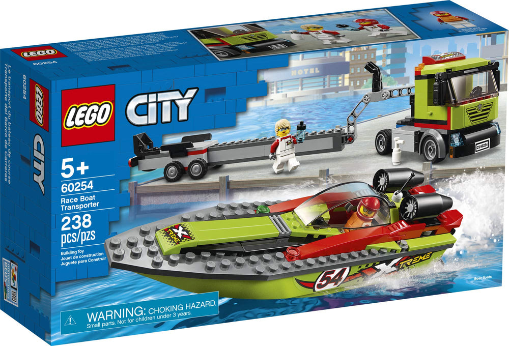LEGO City Race Boat Transporter minifigs included for race day storytelling.