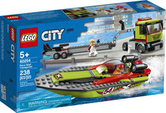 LEGO City Race Boat Transporter minifigs included for race day storytelling.
