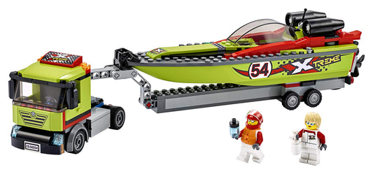 LEGO City Race Boat Transporter truck cab open for easy minifig entry.