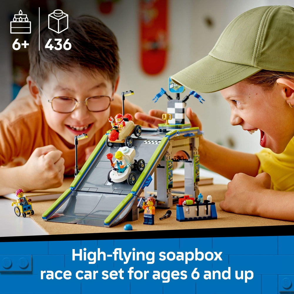 LEGO City race car ramp peak with two soapbox cars for action-filled launches.