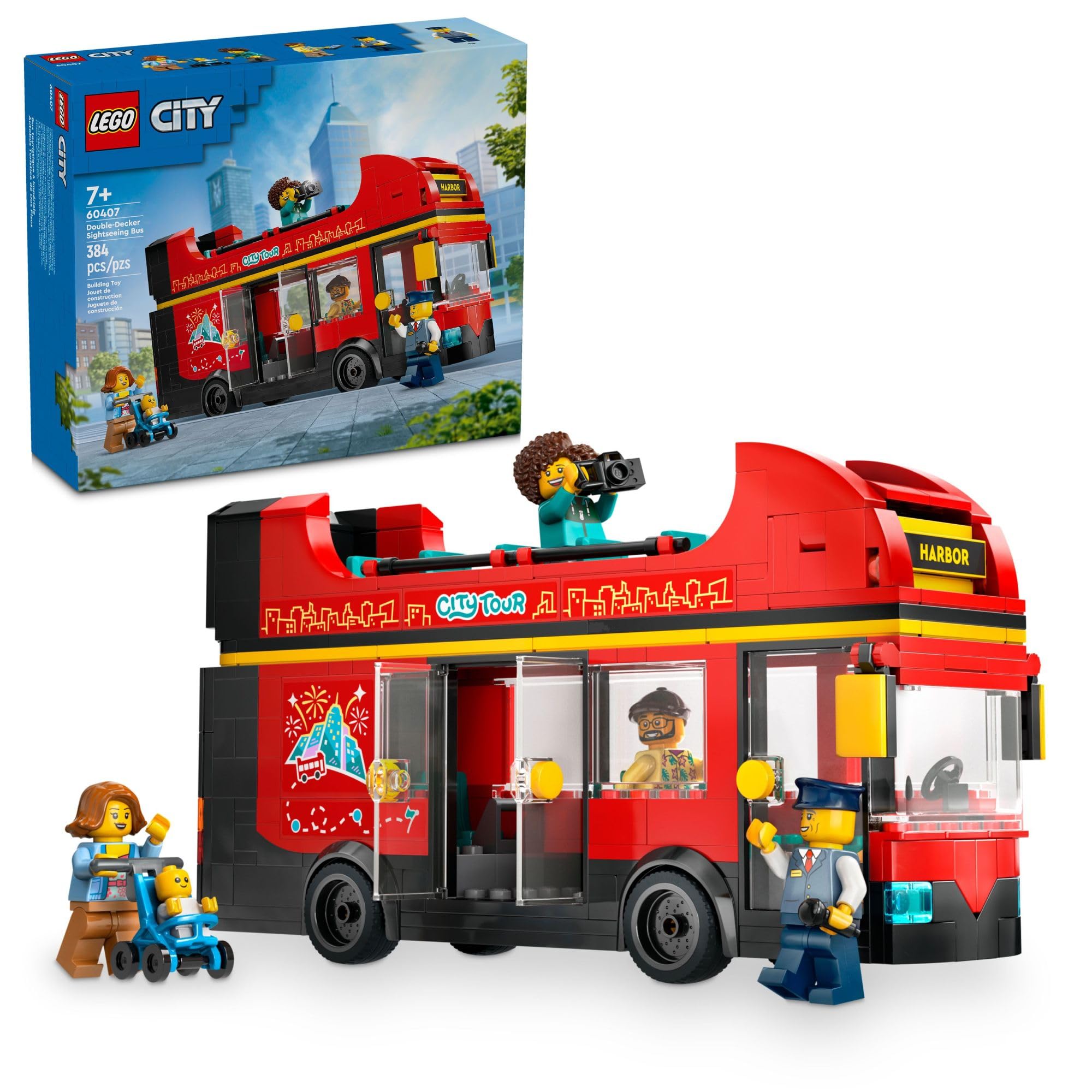 LEGO City red double-decker sightseeing bus front view for creative city scenarios