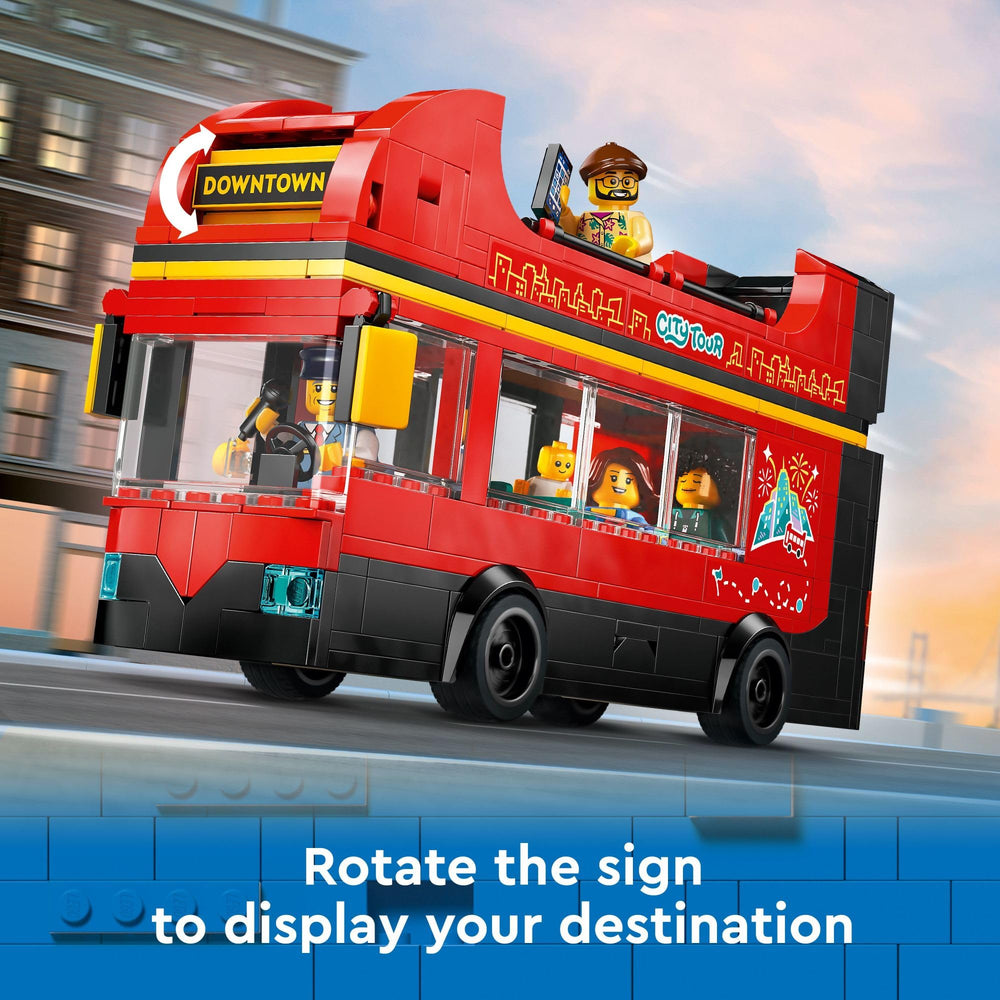 LEGO City red double-decker sightseeing bus with five minifigures for storytelling