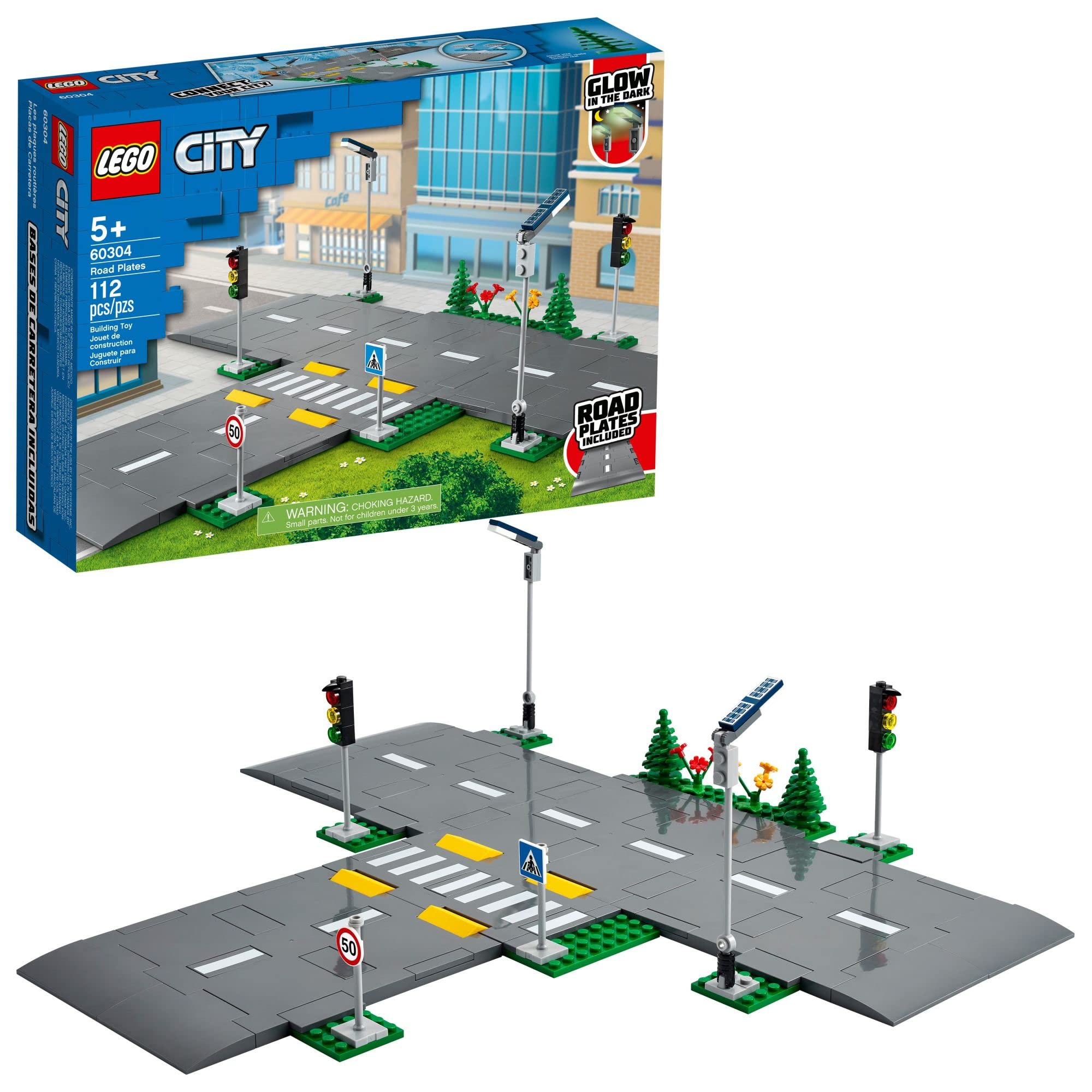 LEGO City Road Plates 60304 streetlights glow for vibrant after-dark play