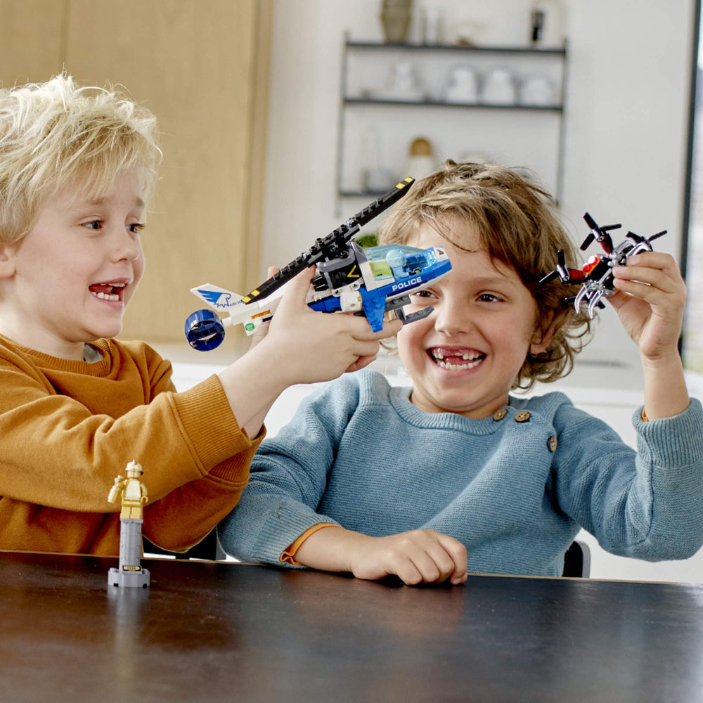 LEGO City Sky Police Drone Chase drone with spinning rotors and claws for exciting pursuits.