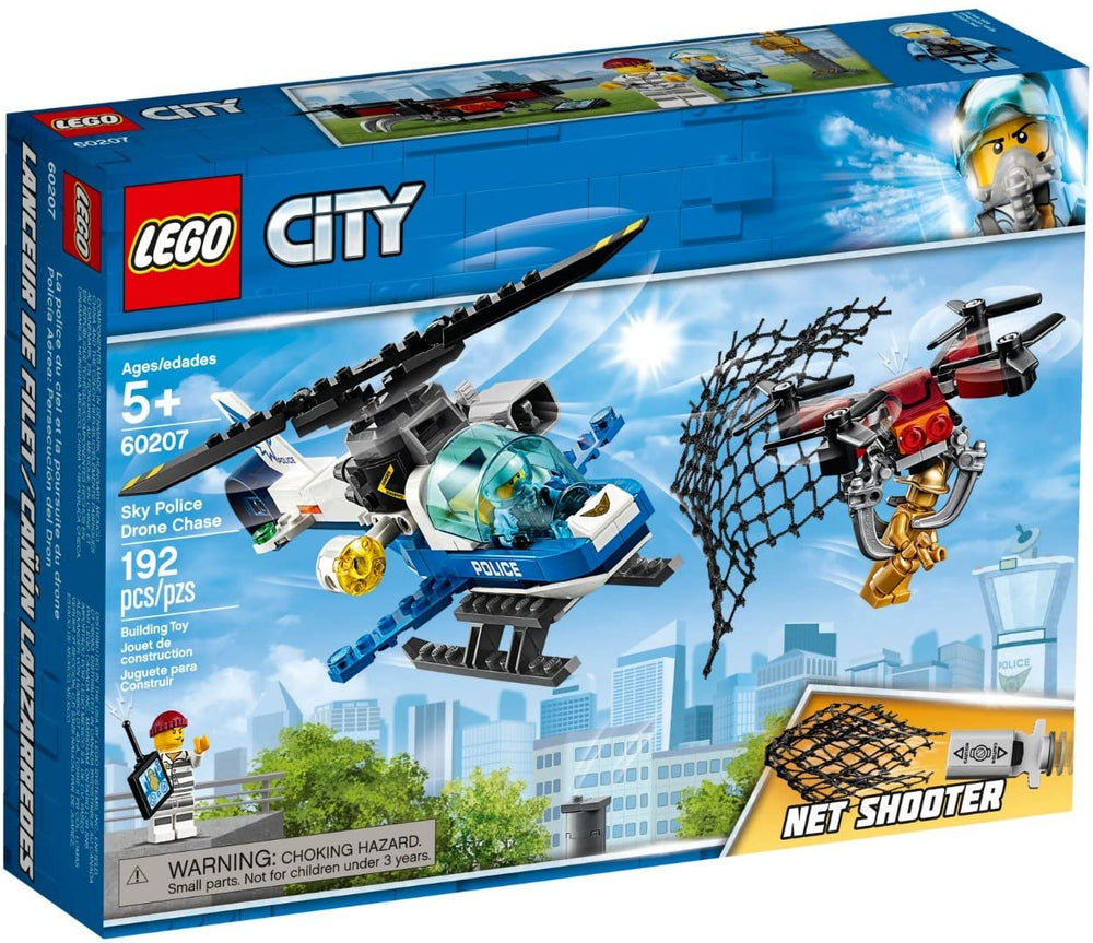 LEGO City Sky Police Drone Chase helicopter with cockpit and searchlight for quick urban patrols.