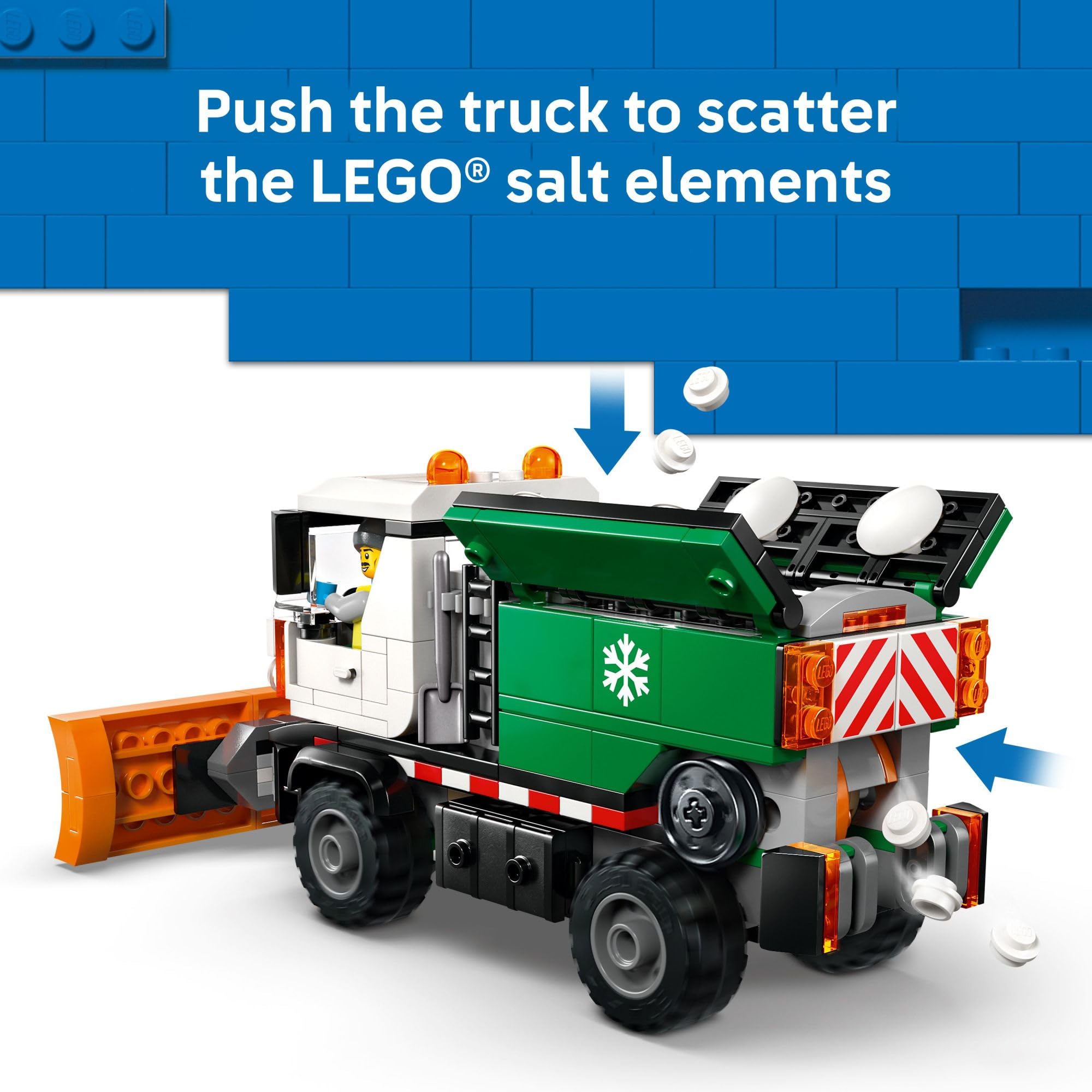 LEGO City Snowplow Truck side storage boxes for pretend salt and tools.